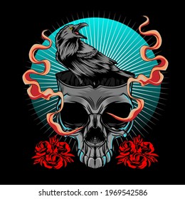 crow and skull.skull head.flowers and skull. skull illustration, design t-shirt.design logo