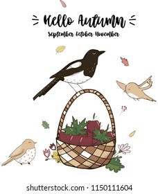 Crow and Sparrows character clip art vector forest animal autumn card full ribbon cute wildlife text cat garden basket card celebration texture white background