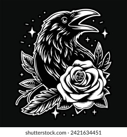 Crow Stand with Rose Flower Grunge Vintage Style Hand Drawn Illustration Black and White