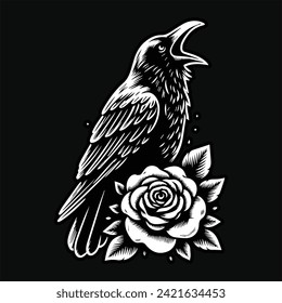 Crow Stand with Rose Flower Grunge Vintage Style Hand Drawn Illustration Black and White