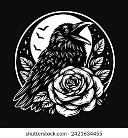 Crow Stand with Rose Flower Grunge Vintage Style Hand Drawn Illustration Black and White
