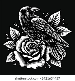 Crow-Stand mit Rose-Grunge Vintage Stil handgezeichnet Illustration Schwarz-Weiß