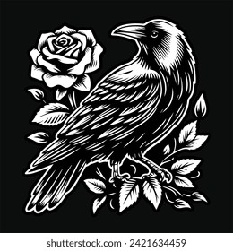 Crow Stand with Rose Flower Grunge Vintage Style Hand Drawn Illustration Black and White