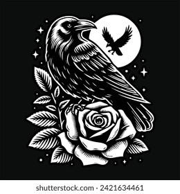 Crow Stand with Rose Flower Grunge Vintage Style Hand Drawn Illustration Black and White