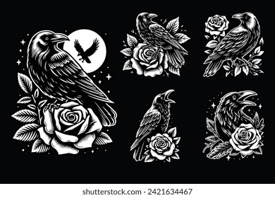 Crow Stand with Rose Flower Grunge Vintage Style Hand Drawn Illustration Black and White