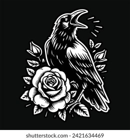 Crow Stand with Rose Flower Grunge Vintage Style Hand Drawn Illustration Black and White