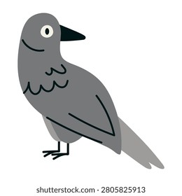 Crow standing in side view. Simple woodland or city bird vector illustration for wildlife, forest, camping and nature design