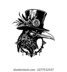 crow steampunk concept black and white lineart hand drawn illustration 