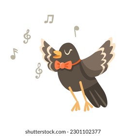 Crow Student Wearing Bow Tie Singing Studying at School Vector Illustration