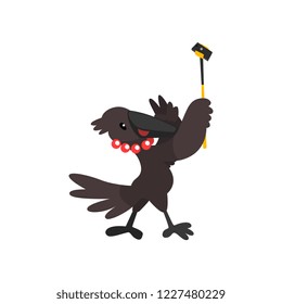 Crow taking a selfie with a smartphone, cute animal cartoon character with modern gadget vector Illustration on a white background