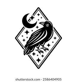 Crow tattoo vector illustration in black style. Perfect for gothic, occult, and mystical designs. Ideal for tattoo art, emblems, and vintage aesthetics