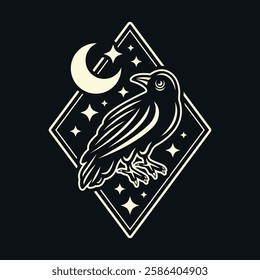 Crow tattoo vector illustration in light style on dark background. Perfect for gothic, occult, and mystical designs