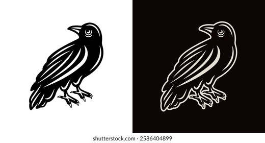 Crow tattoo vector illustration in two styles, black and white and light on dark background. Perfect for gothic, occult, and mystical designs