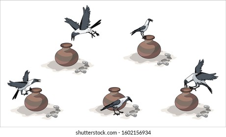 The crow threw stones at the pot for drinking water - illustration