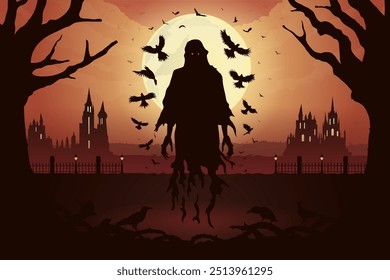 Corvo se transforma em espírito maligno com mangas pretas aparecem na frente do castelo no fundo da noite de lua cheia com cerca de ferro forjada e árvore morta. Ilustração sobre Halloween e magia.