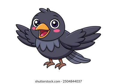 Crow Vector Illustration - Linocut, Kawaii, Cartoon, Clipart, Line Art Design