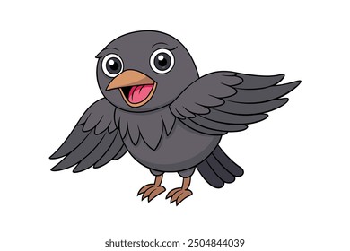 Crow Vector Illustration - Linocut, Kawaii, Cartoon, Clipart, Line Art Design