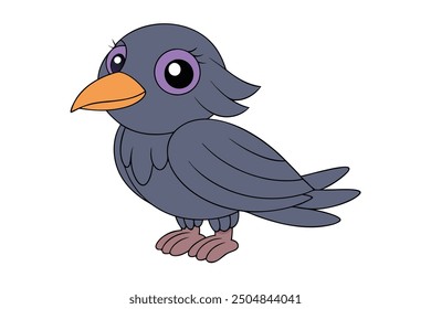 Crow Vector Illustration - Linocut, Kawaii, Cartoon, Clipart, Line Art Design