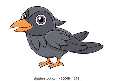 Crow Vector Illustration - Linocut, Kawaii, Cartoon, Clipart, Line Art Design