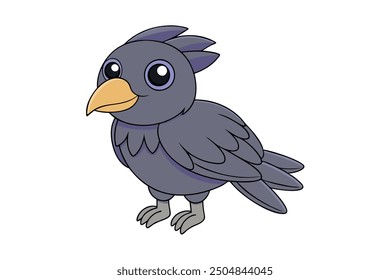 Crow Vector Illustration - Linocut, Kawaii, Cartoon, Clipart, Line Art Design