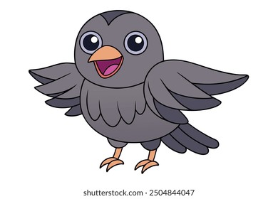 Crow Vector Illustration - Linocut, Kawaii, Cartoon, Clipart, Line Art Design