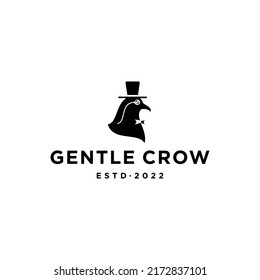 Crow Wearing Classic Hat, Bowtie And Vintage Monocle Glass Logo Design. Gentleman Black Raven Crow With Monocle Glasses And Bowler Top Hat Icon Logo Design Vector Illustration 