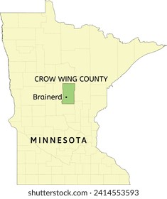 Ubicación del condado de Crow Wing y la ciudad de Brainerd en el mapa estatal de Minnesota