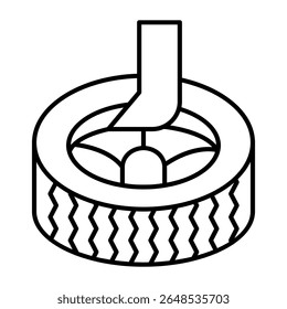 Palanca con el icono de línea delgada de la rueda de coche, concepto de montaje de neumáticos. Gráficos de Vector. Quitando y cambiando el neumático, señal de servicio del coche en el fondo blanco, estilo o diseño móvil