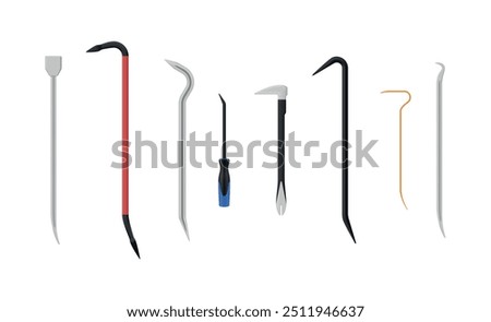 Crowbar different shape color and size hardware weapon set realistic vector illustration. Metallic equipment for burglar crime construction repair work thief metal stick bar craft workshop utility