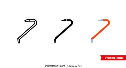 Crowbar icon of 3 types: color, black and white, outline. Isolated vector sign symbol.