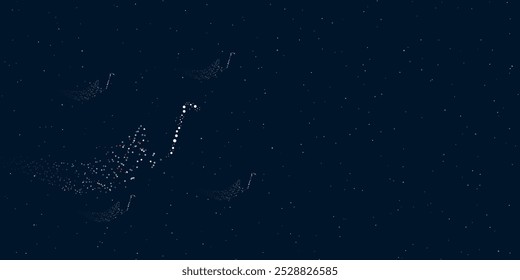 A crowbar symbol filled with dots flies through the stars leaving a trail behind. Four small symbols around. Empty space for text on the right. Vector illustration on dark blue background with stars