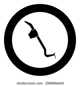 Crowbar tool in hand remove nail holder pulls icon in circle round black color vector illustration image solid outline style simple