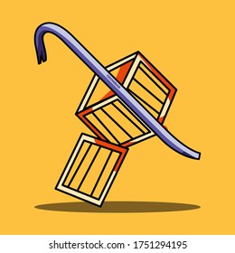 Crowbar And Wooden Box Is Falling From Top On Yellow Background