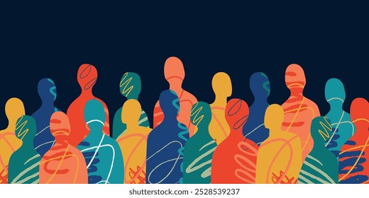 A crowd of abstract multicolored silhouettes of people made in the collage style. A metaphor of unity and partnership.