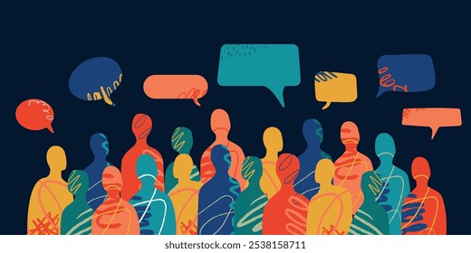 A crowd of abstract multicolored silhouettes of people and conversational bubbles above them, made in the style of a collage. A metaphor for society and cooperation.