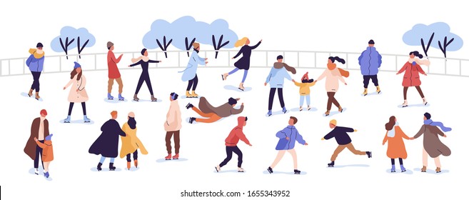Crowd of active cartoon people ice skating on rink vector flat illustration. Man, woman, children, family and couple outdoors activity isolated on white. Colorful person in seasonal outerwear