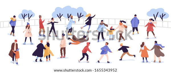 Crowd of active cartoon people ice skating on\
rink vector flat illustration. Man, woman, children, family and\
couple outdoors activity isolated on white. Colorful person in\
seasonal outerwear