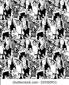 Crowd active happy  people seamless black pattern. Crowd of active happy people black and white seamless pattern. Vector illustration. EPS 8