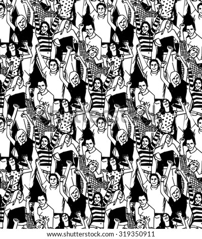 Crowd active happy  people seamless black pattern. Crowd of active happy people black and white seamless pattern. Vector illustration. EPS 8