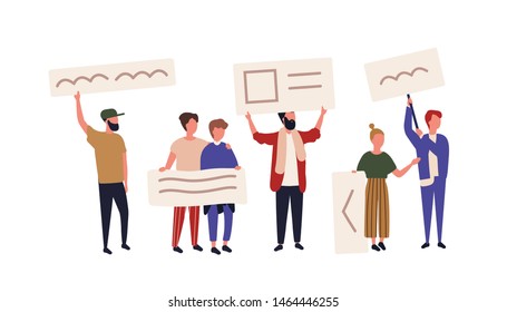 Crowd of activists or demonstrators holding banners or placards. Men and women taking part in public protest meeting, street demonstration, picketing, rally or march. Flat cartoon vector illustration.