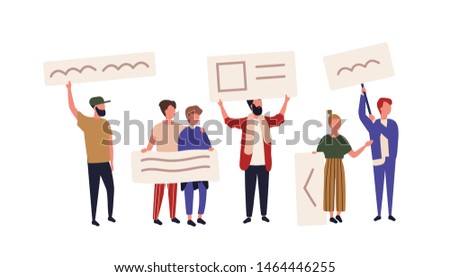 Crowd of activists or demonstrators holding banners or placards. Men and women taking part in public protest meeting, street demonstration, picketing, rally or march. Flat cartoon vector illustration.