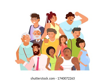 Crowd of adult people banner, age and ethnic diversity. Flat Art Vector Illustration