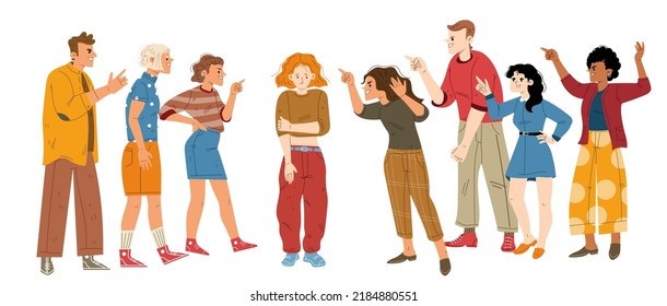 Crowd of aggressive people bully and blame outcast woman. Scared female victim character express abuse trying to hide from angry persons pointing on her with fingers, Line art flat vector illustration