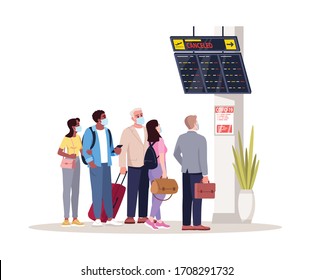 Crowd in airport terminal lobby semi flat RGB color vector illustration. Plane delayed. Flight cancelled. Airplane passengers in medical masks isolated cartoon characters on white background