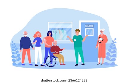 Multitud de pacientes enojados esperando en la ilustración del vector de línea. Médico y enfermera cansados luchando por consultar a muchas personas. Escasez de personal sanitario, problema de reclutamiento, concepto de medicina