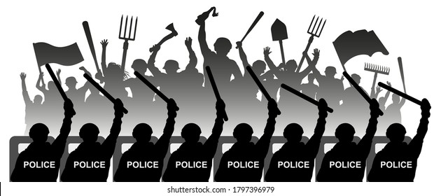Crowd of angry people. Protestants clash with riot police. Revolution