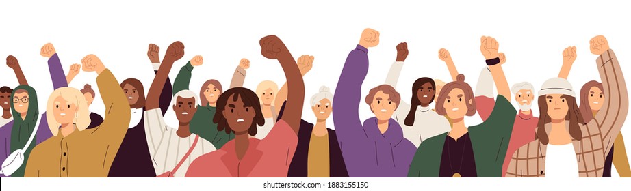 Crowd of angry protesters with fists raised up at demonstration. People supporting Black Lives Matter movement and protesting against discrimination. Colored flat vector illustration isolated on white - Shutterstock ID 1883155150