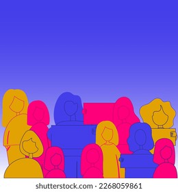 Crowd of angry protesters with revolution posters. People  protesting against discrimination. Colored flat vector illustration