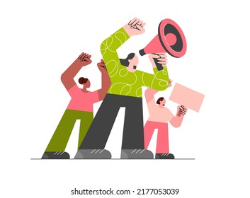 A crowd of angry women of different races with a loudspeaker and megaphone at a protest. A woman with a placard at a rally. Feminism. Girl Power. Flat vector illustration isolated on white background.