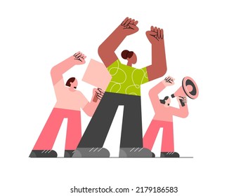 A crowd of angry women of different races with a loudspeaker and megaphone at a protest. African American woman at a rally. Feminism Feminism. Flat vector illustration isolated on white background